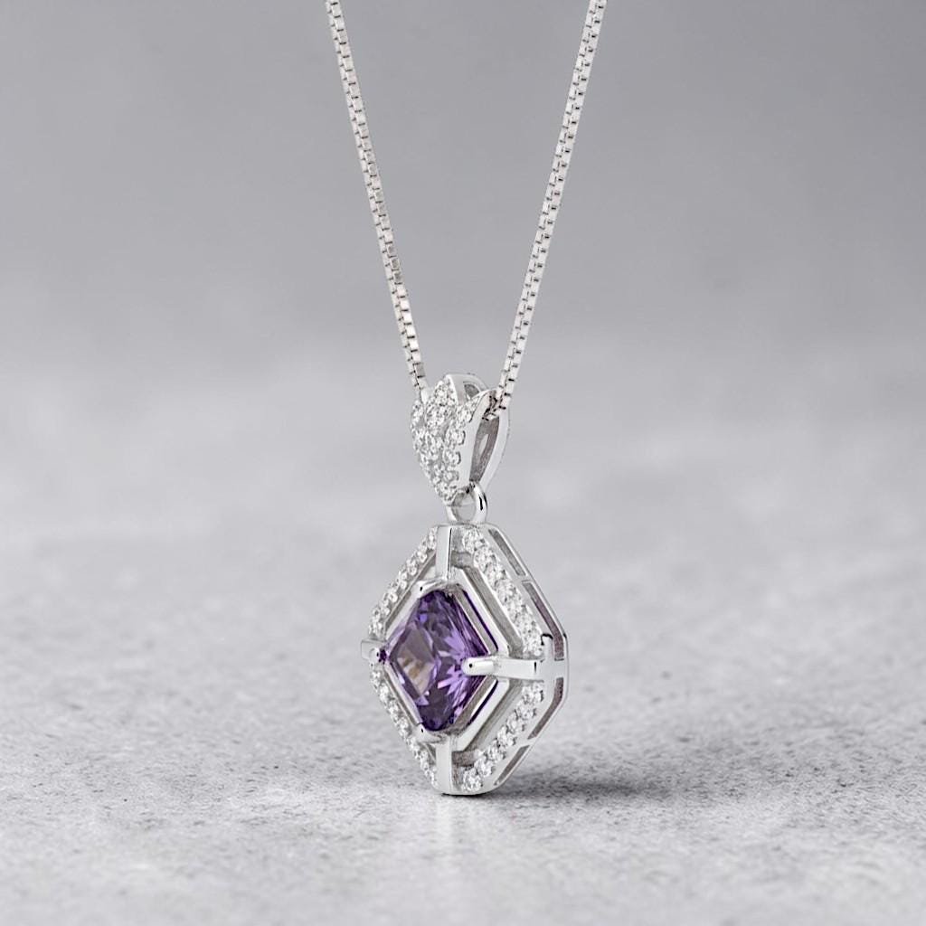 Genuine Square Amethyst Necklace Sterling Silver White Gold Plated Halo 0.9 CT Purple Amethyst Pendant Jewelry February Birthstone #104