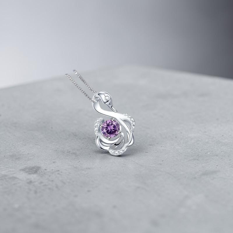 Gemstone Swan Genuine Amethyst Necklace - 18KGP @925 Sterling Silver Round Natural Amethyst Pendant #411