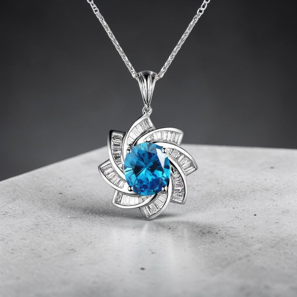 Blue Topaz Necklace - Diamond Milky Way Spiral Pendant 18KGP White Gold Sterling Silver - 3 CT Galaxy Energy Vortexes Windmill Jewelry #987