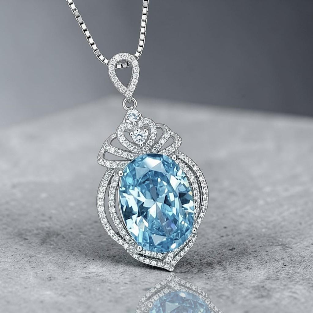 Large Aquamarine Necklace - 18KGP @ Sterling Silver - 14 ct Oval Cut Blue Aquamarine Pendant #915
