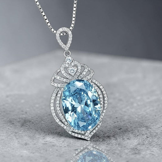 Large Aquamarine Necklace - 18KGP @ Sterling Silver - 14 ct Oval Cut Blue Aquamarine Pendant #915