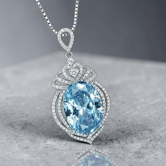 Large Aquamarine Necklace - 18KGP @ Sterling Silver - 14 ct Oval Cut Blue Aquamarine Pendant #915