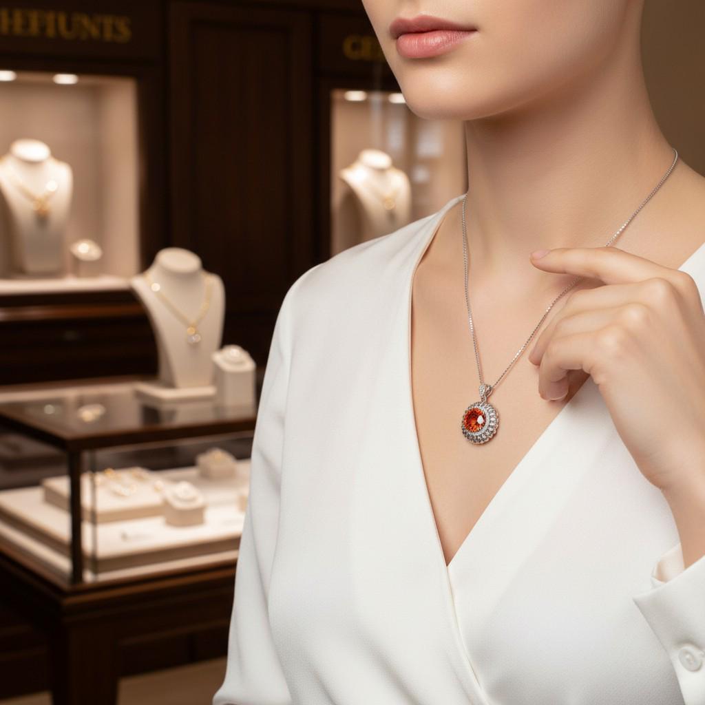 Tangerine Sapphire Sunstone Necklace - 18KGP Sunflower Pendant Full Sterling Silver Sunstone Jewelry Orange Spessartite Garnet Necklace #506