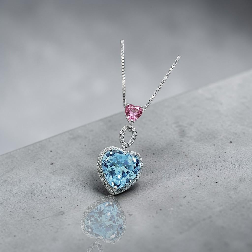 Aquamarine Necklace - March Birthstone -Double Heart Pink tourmaline pendant 18KGP @ Sterling Silver - Blue Aquamarine Jewelry #786