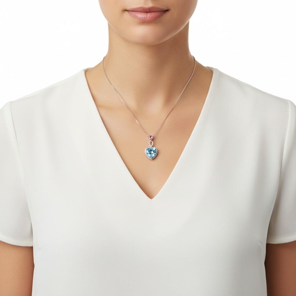 Aquamarine Necklace - March Birthstone -Double Heart Pink tourmaline pendant 18KGP @ Sterling Silver - Blue Aquamarine Jewelry #786