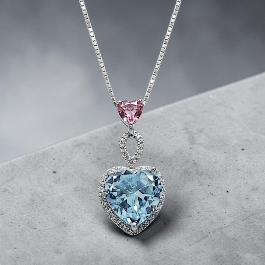 Aquamarine Necklace - March Birthstone -Double Heart Pink tourmaline pendant 18KGP @ Sterling Silver - Blue Aquamarine Jewelry #786