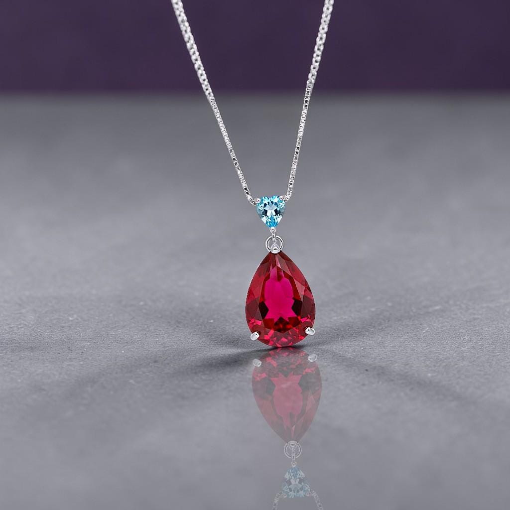 Large Teardrop Ruby Necklace Sterling Silver 6 CT Lab Red Ruby Pendant White Gold Plated Solitaire Red Gemstone Jewelry #699
