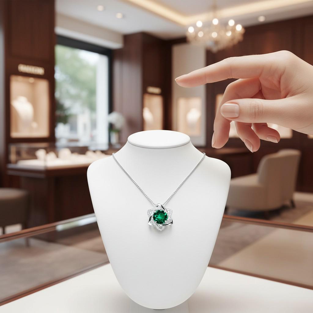 Emerald Necklace Gemstone David Star Style - May Birthstone - Lab Created Emerald Jewelry white gold coated sterling silver #318