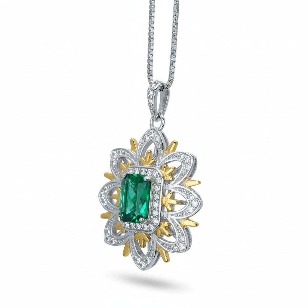 Green Emerald Necklace - Gemstone Water Lily Flower Pendant - 18KGP @ Sterling Silver - 1 CT Emerald Jewelry - Goddess Athena Necklace #651