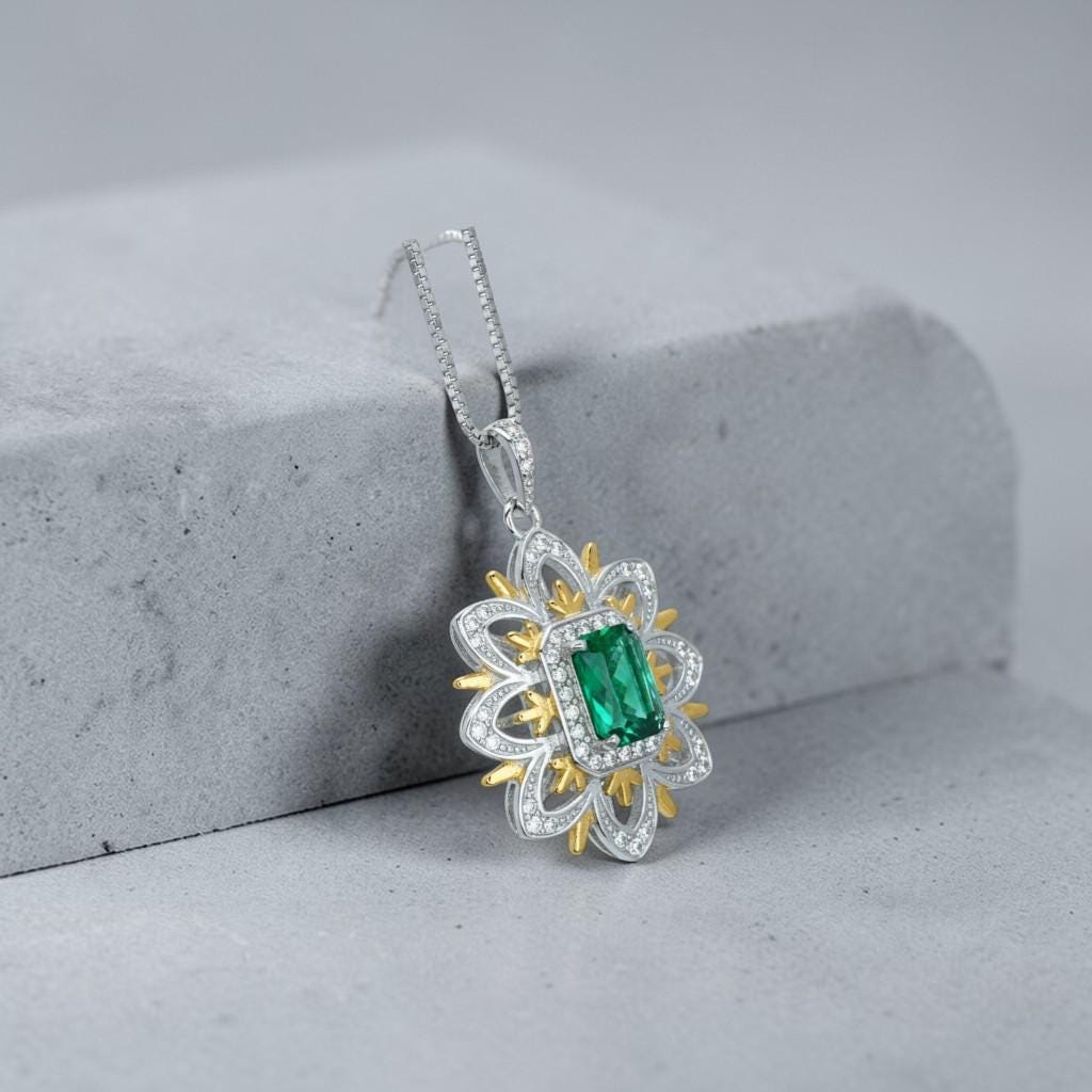 Green Emerald Necklace - Gemstone Water Lily Flower Pendant - 18KGP @ Sterling Silver - 1 CT Emerald Jewelry - Goddess Athena Necklace #651