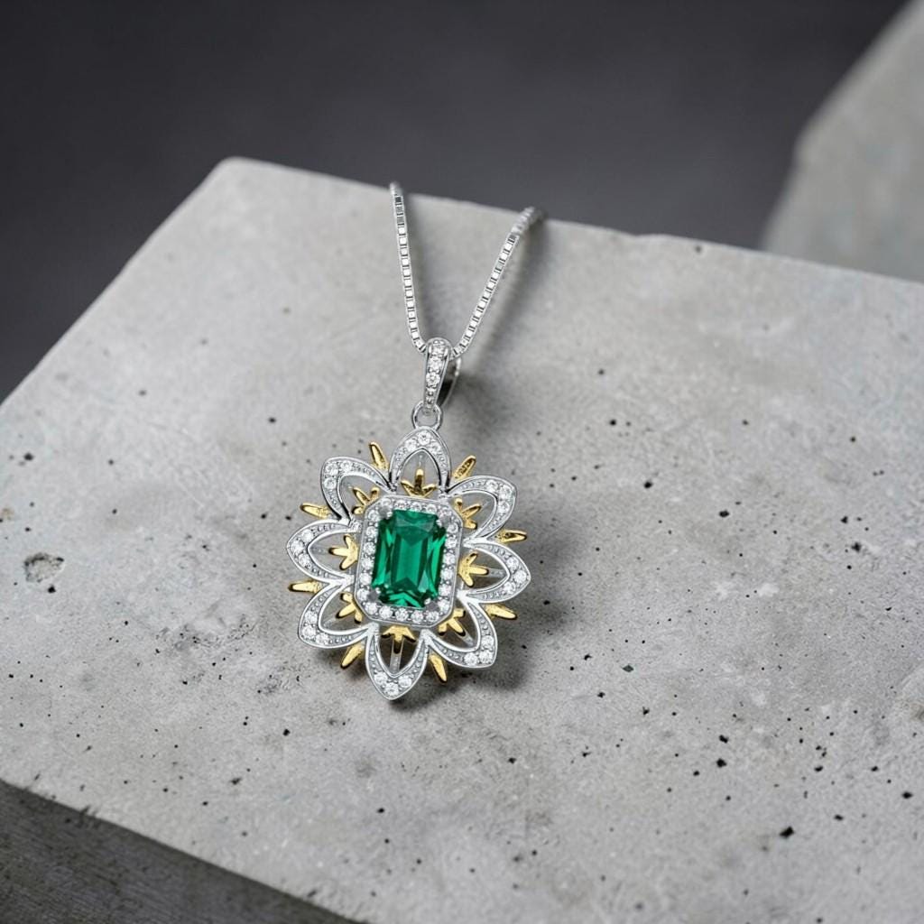 Green Emerald Necklace - Gemstone Water Lily Flower Pendant - 18KGP @ Sterling Silver - 1 CT Emerald Jewelry - Goddess Athena Necklace #651