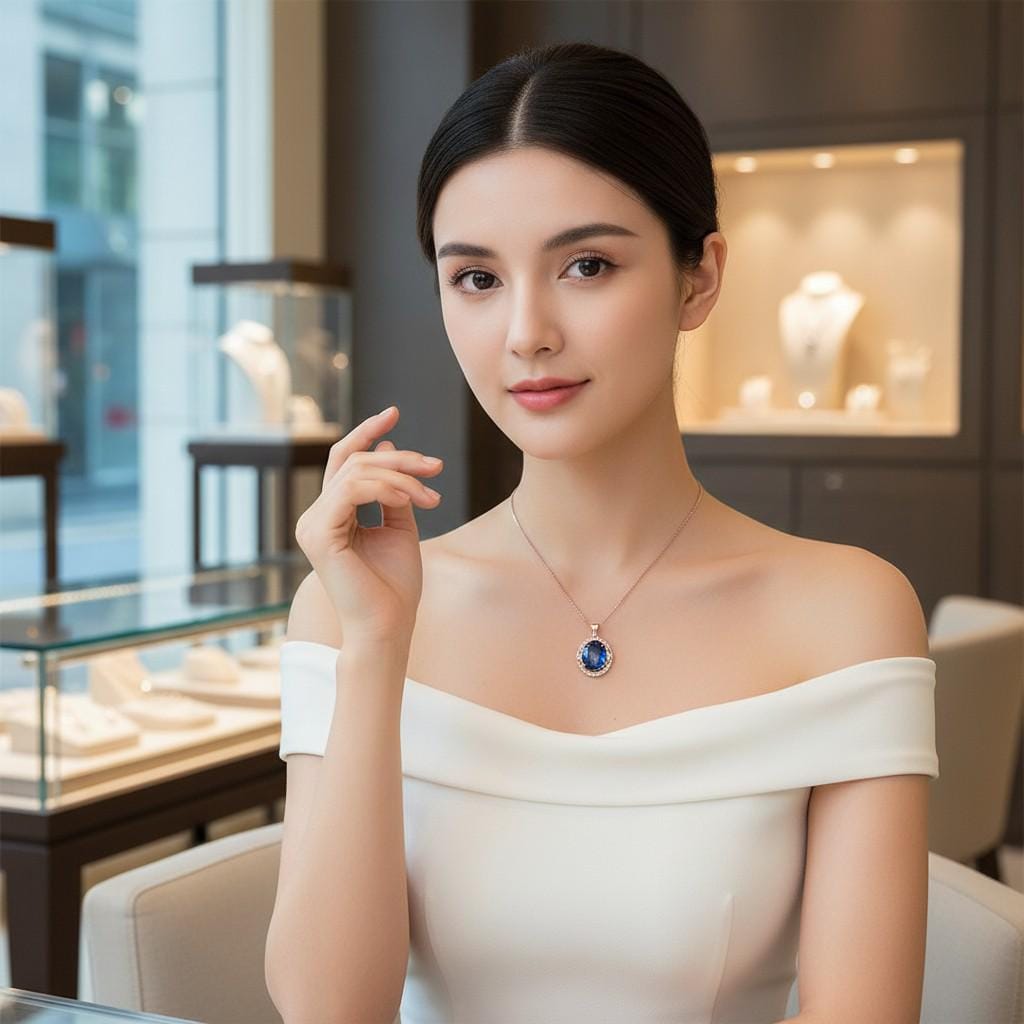 Rose Gold Blue Sapphire Necklace 4.5 CT Oval Royal Blue Gemstone Gemstone Halo Sterling Silver Pendant September Birthstone #745
