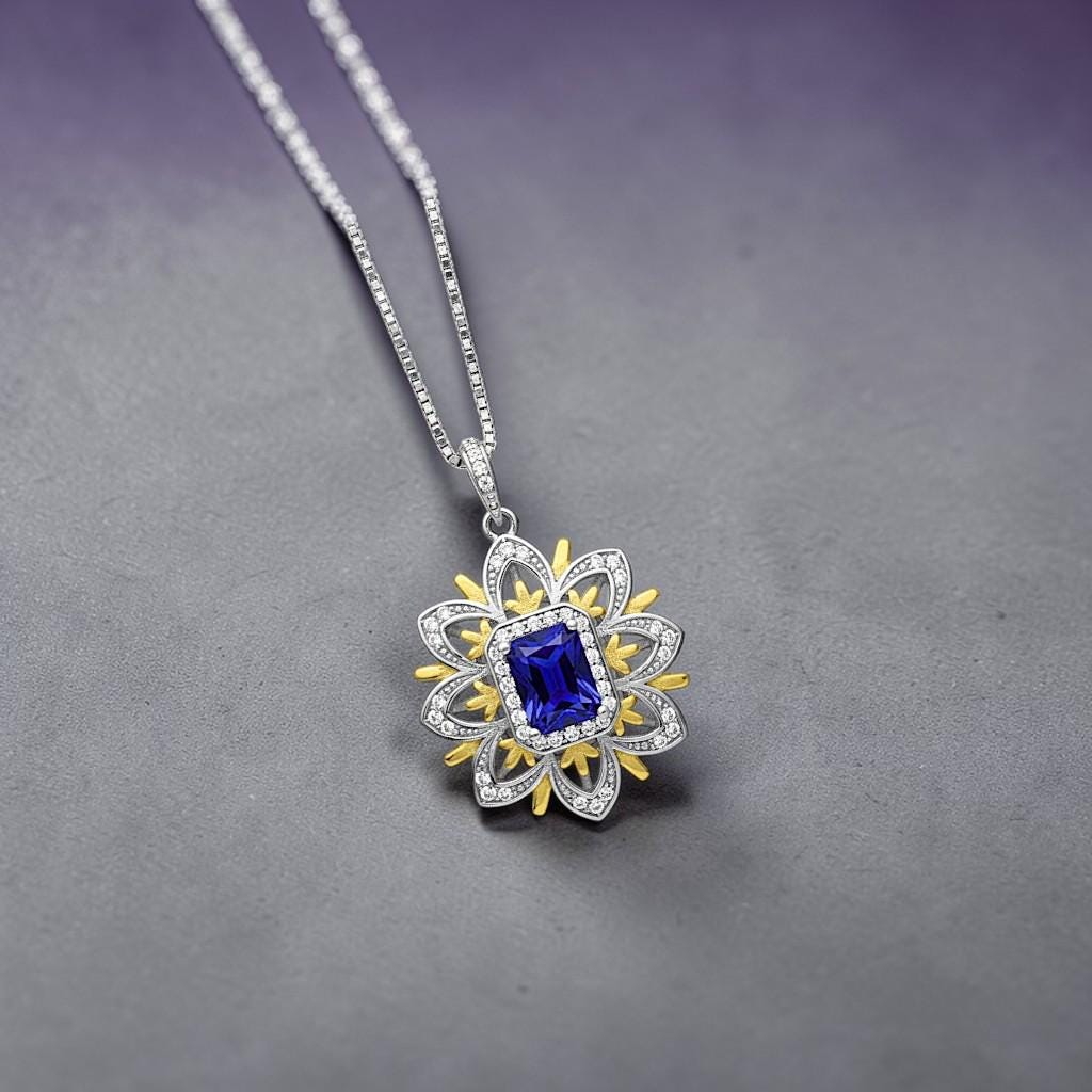 Blue Tanzanite Necklace Gemstone Water Lily Flower Pendant - 18k @ Sterling Silver - 1 CT Rectangle Lab Created Blue Tanzanite Jewelry #650