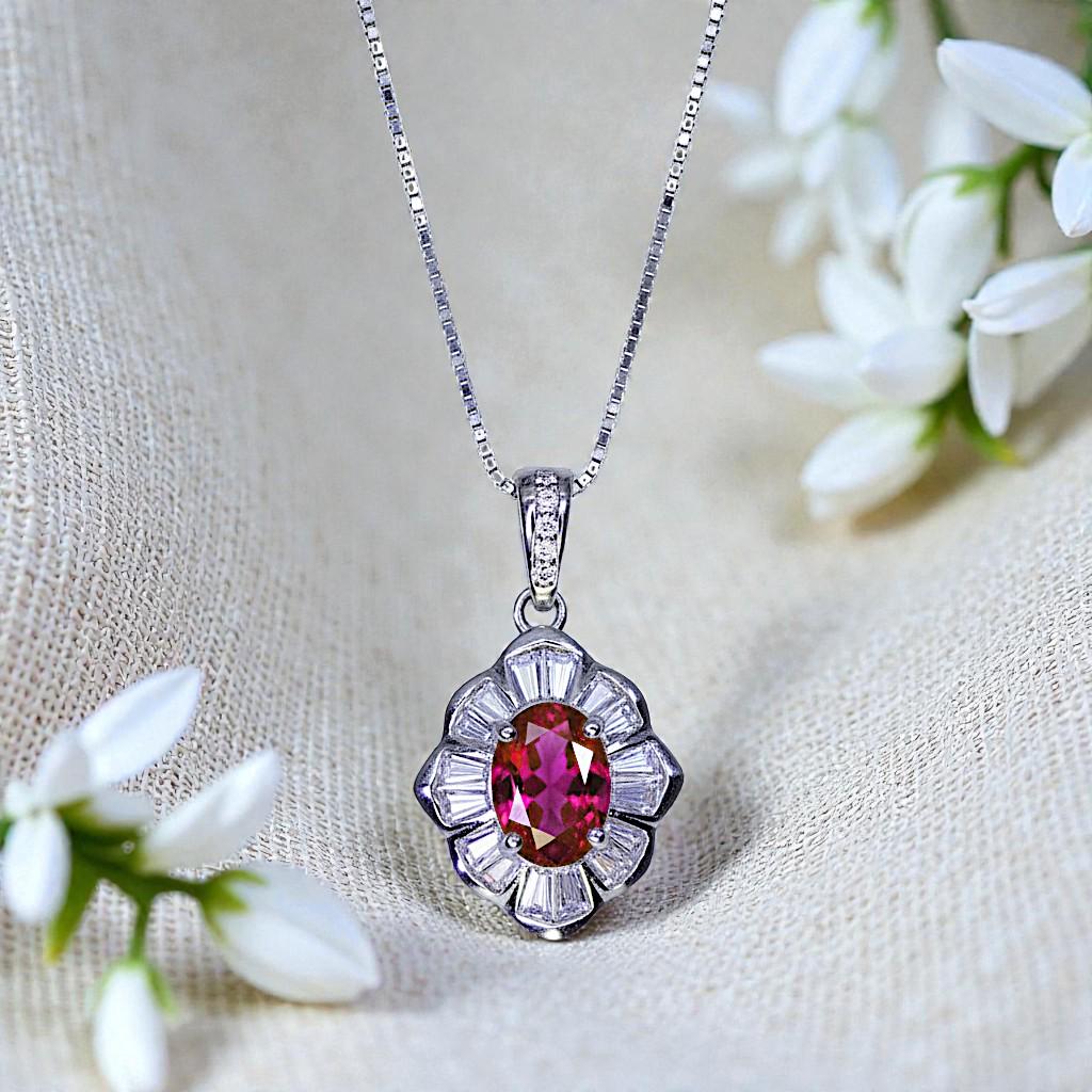 Lab Created Ruby Flower Necklace, 18k White Gold over Silver, Red Gemstone Floral Pendant, July Birthstone Chain 1146