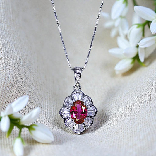 Lab Created Ruby Flower Necklace, 18k White Gold over Silver, Red Gemstone Floral Pendant, July Birthstone Chain 1146