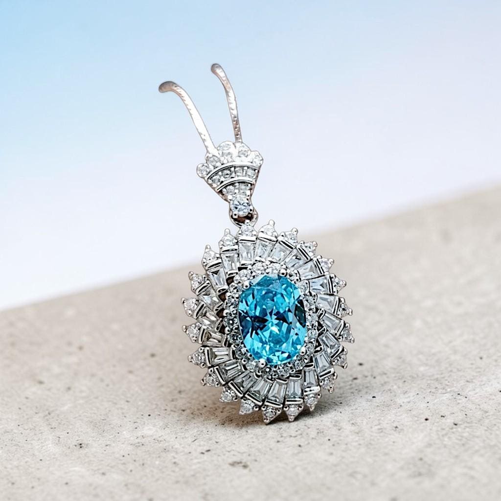 Aquamarine Halo Pendant Necklace in Sterling Silver, Baguette Round Sunburst Cluster, March Birthstone Deep Blue Aquamarine #777