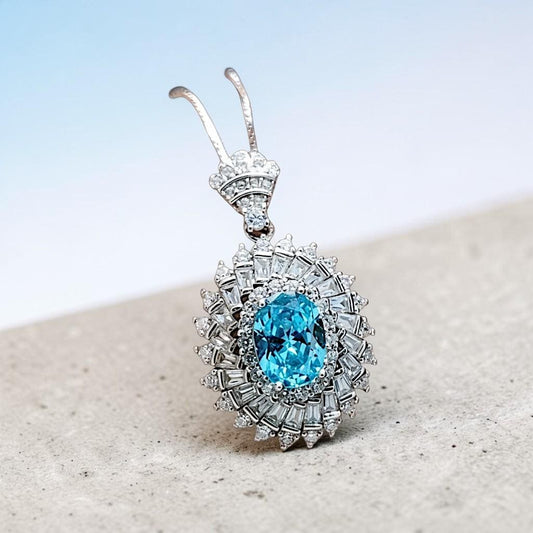 Aquamarine Halo Pendant Necklace in Sterling Silver, Baguette Round Sunburst Cluster, March Birthstone Deep Blue Aquamarine #777
