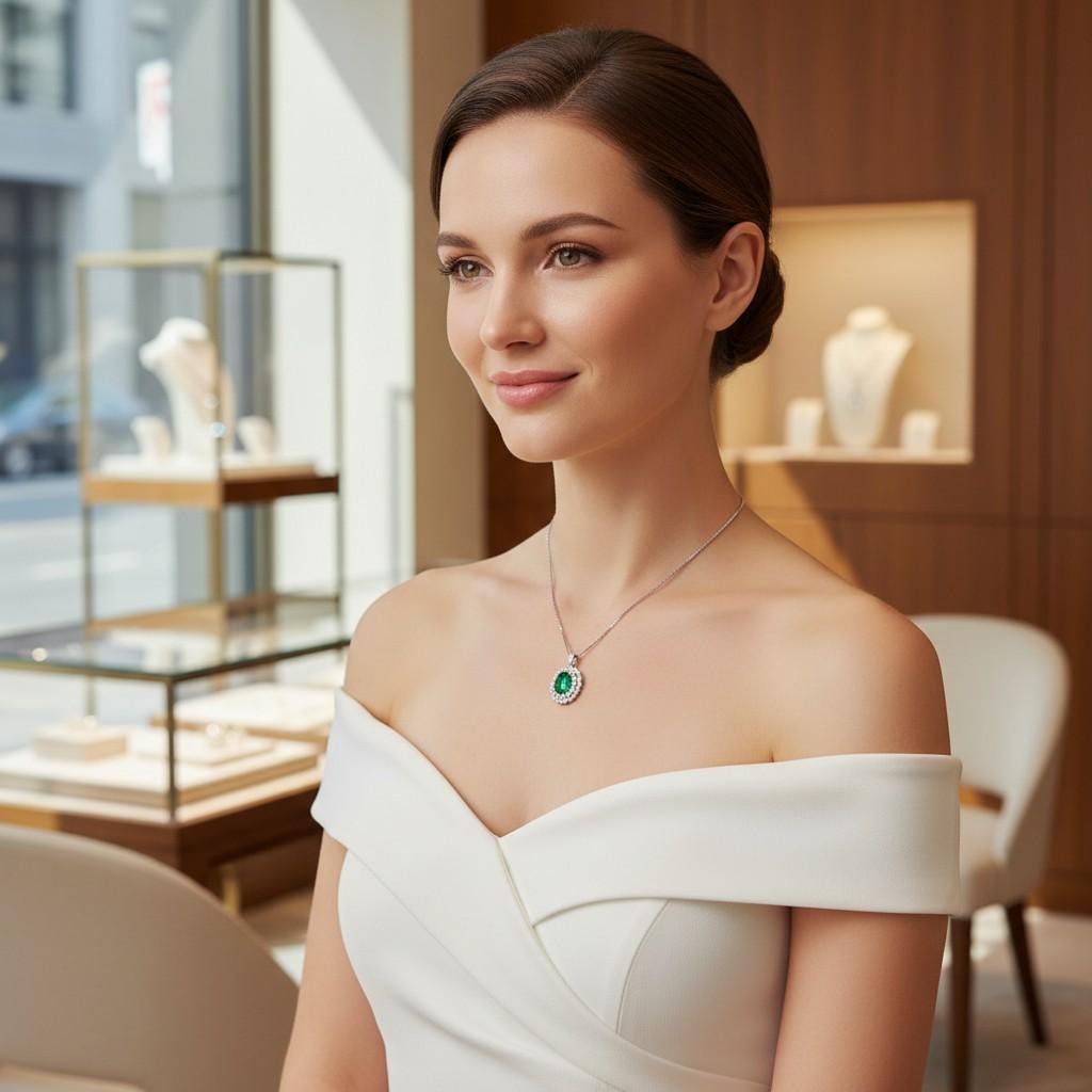 Double Halo Emerald Necklace - Green Emerald Pendant - 18kgp @ Sterling Silver - May Birthstone - Emerald Jewelry #593
