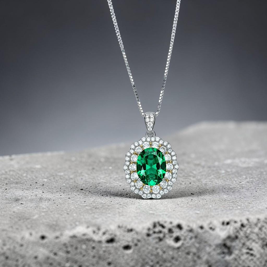 Double Halo Emerald Necklace - Green Emerald Pendant - 18kgp @ Sterling Silver - May Birthstone - Emerald Jewelry #593