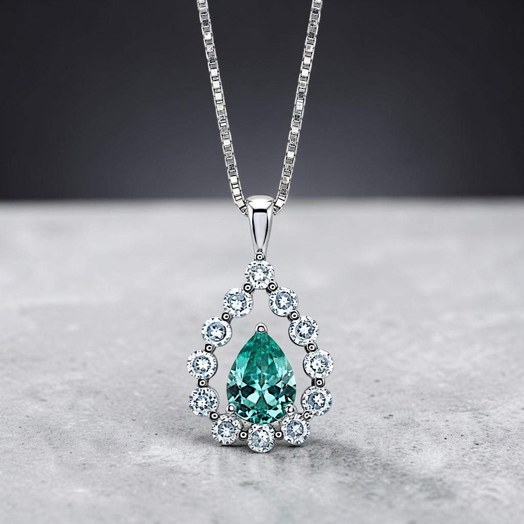 Green Paraiba Necklace - 18KGP @ Sterling Silver - 2.5 CT - Gemstone Halo Teardrop Green Paraiba Tourmaline Necklace #969