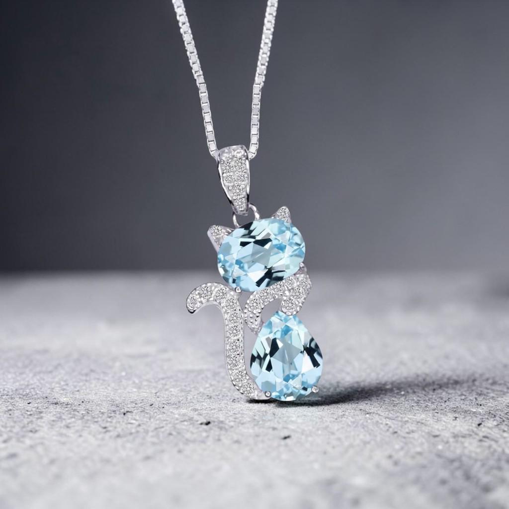 Aquamarine Necklace Sterling Silver Cat 1.5 Ct Kitty Sim Gemstone Blue Pendant White Gold Plated March Birthstone Pet Lover Jewelry #218