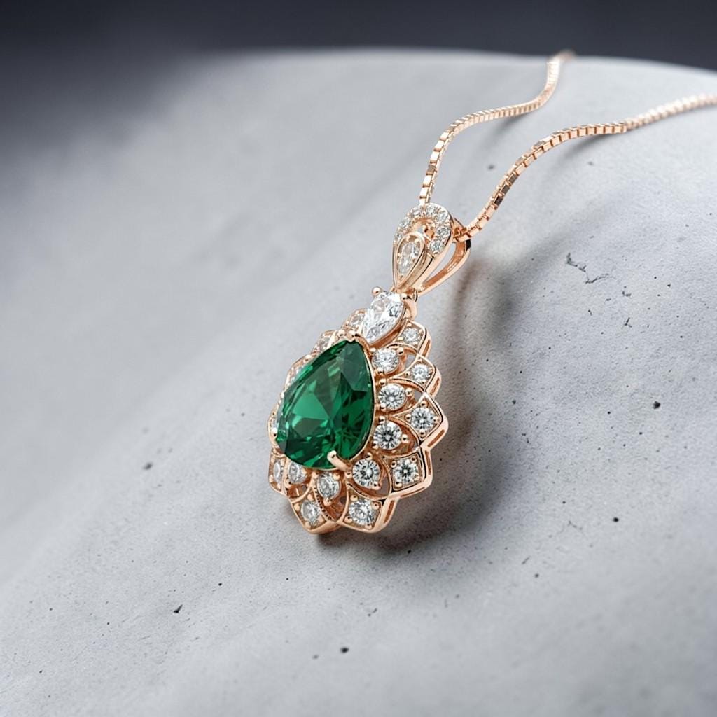 Lily Flower Emerald Necklace - 18KRGP & Sterling Silver - 3 CT Green Emerald Pendant May Birthstone Layered Double Halo Emerald Jewelry #681