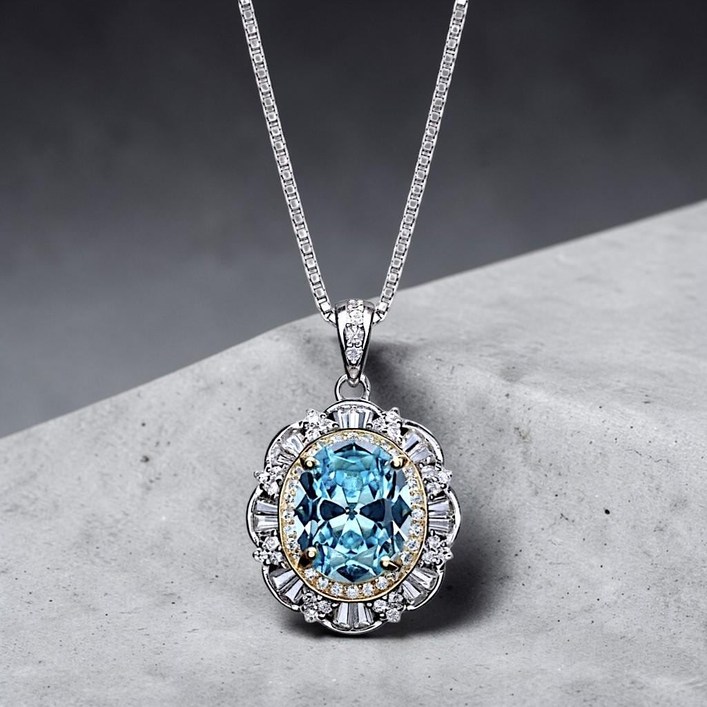Large Aquamarine Necklace - March Birthstone - 18KGP @ Sterling Silver - Gemstone Royal Flower Style - 2.8 CT Blue Aquamarine Jewelry #722
