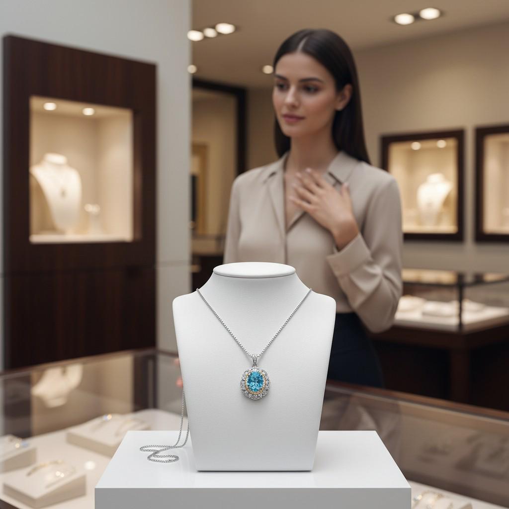 Large Aquamarine Necklace - March Birthstone - 18KGP @ Sterling Silver - Gemstone Royal Flower Style - 2.8 CT Blue Aquamarine Jewelry #722