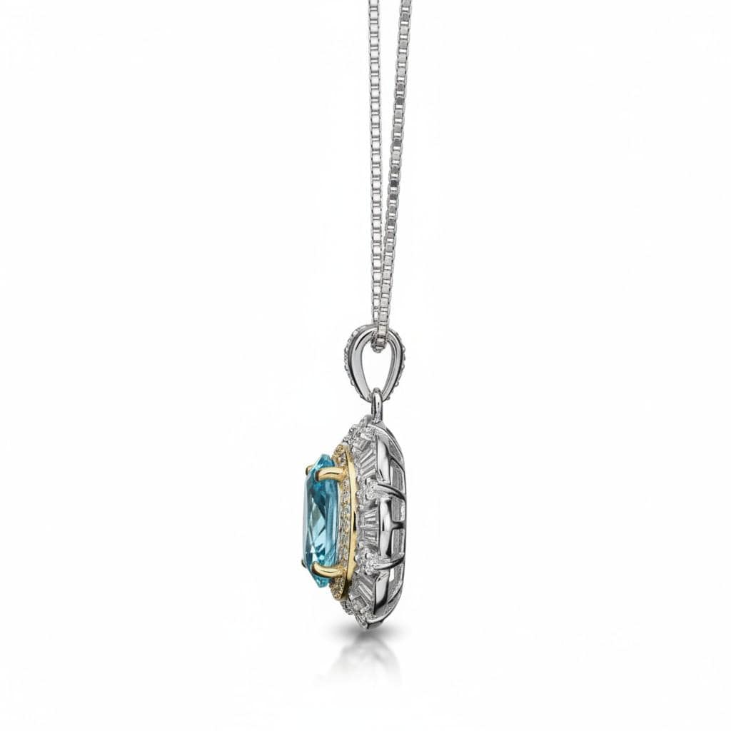 Large Aquamarine Necklace - March Birthstone - 18KGP @ Sterling Silver - Gemstone Royal Flower Style - 2.8 CT Blue Aquamarine Jewelry #722