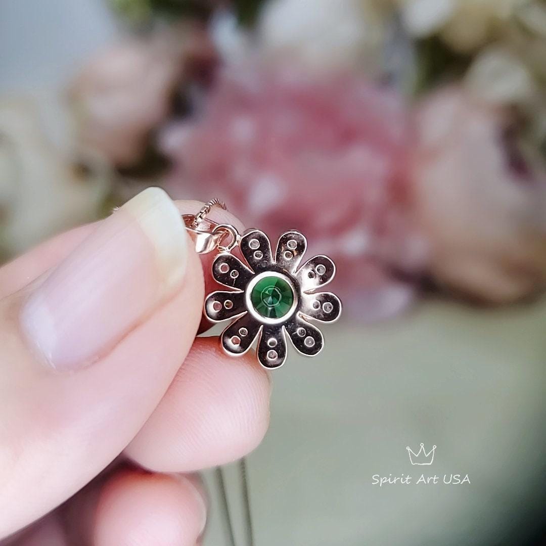 Emerald Necklace - Rose Gold Coated Sterling Silver Sunflower Necklace - Tiny Green Emerald Jewelry 089