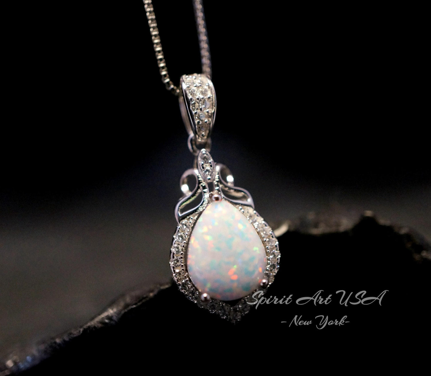 Tiny Opal Necklace - Teardrop Opal Pendant - 18kgp @ Sterling Silver - White Opal Pendant #119