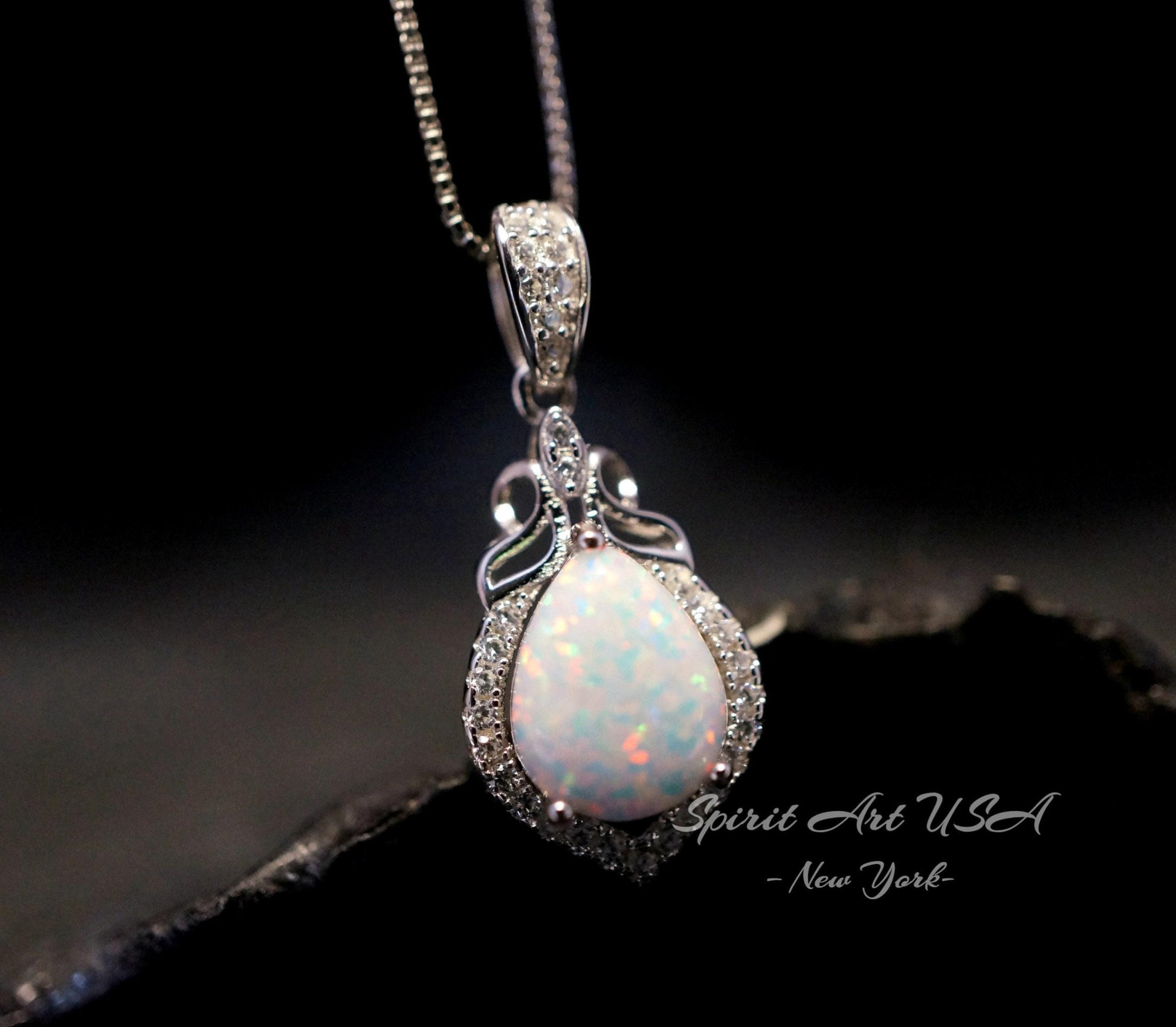 Tiny Opal Necklace - Teardrop Opal Pendant - 18kgp @ Sterling Silver - White Opal Pendant #119