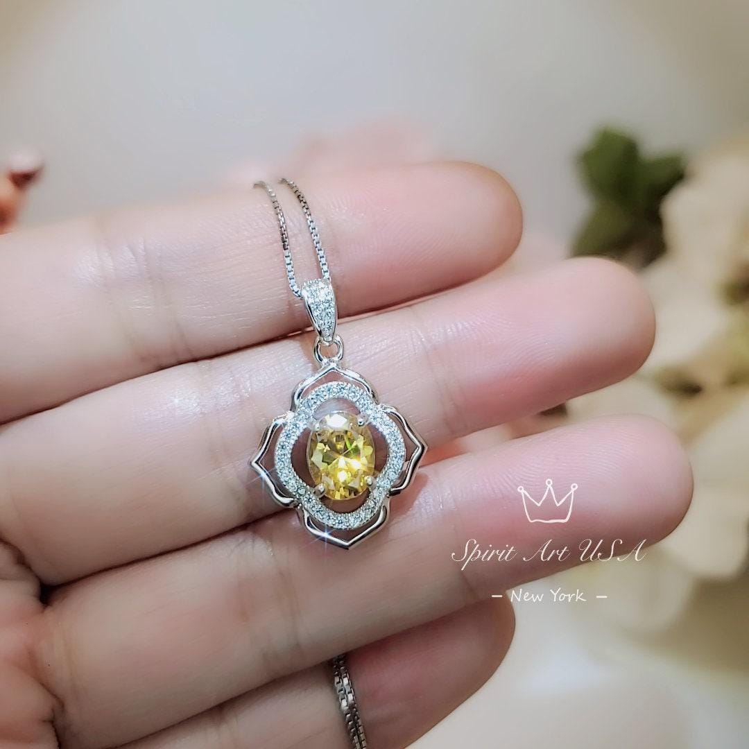 1.5 CT Yellow Moissanite Gemstone Necklace - Sterling Silver Gold Flower Of Life pendant #105