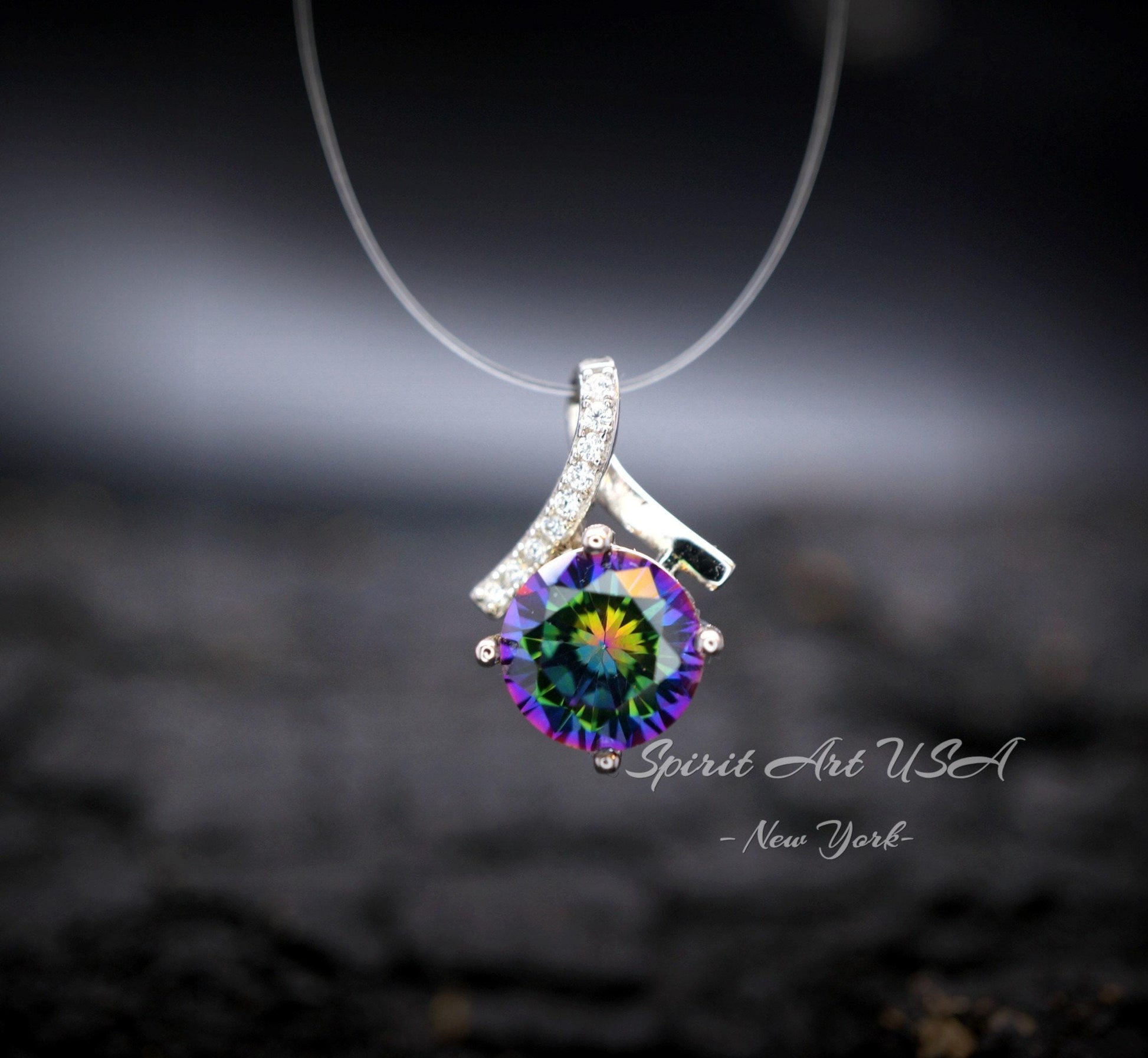 2.2 CT Mystic Topaz Necklace - Gemstone Simple Bowknot Rainbow Topaz Sterling Silver - White Gold plated Minimalist Rainbow Gemstone #101