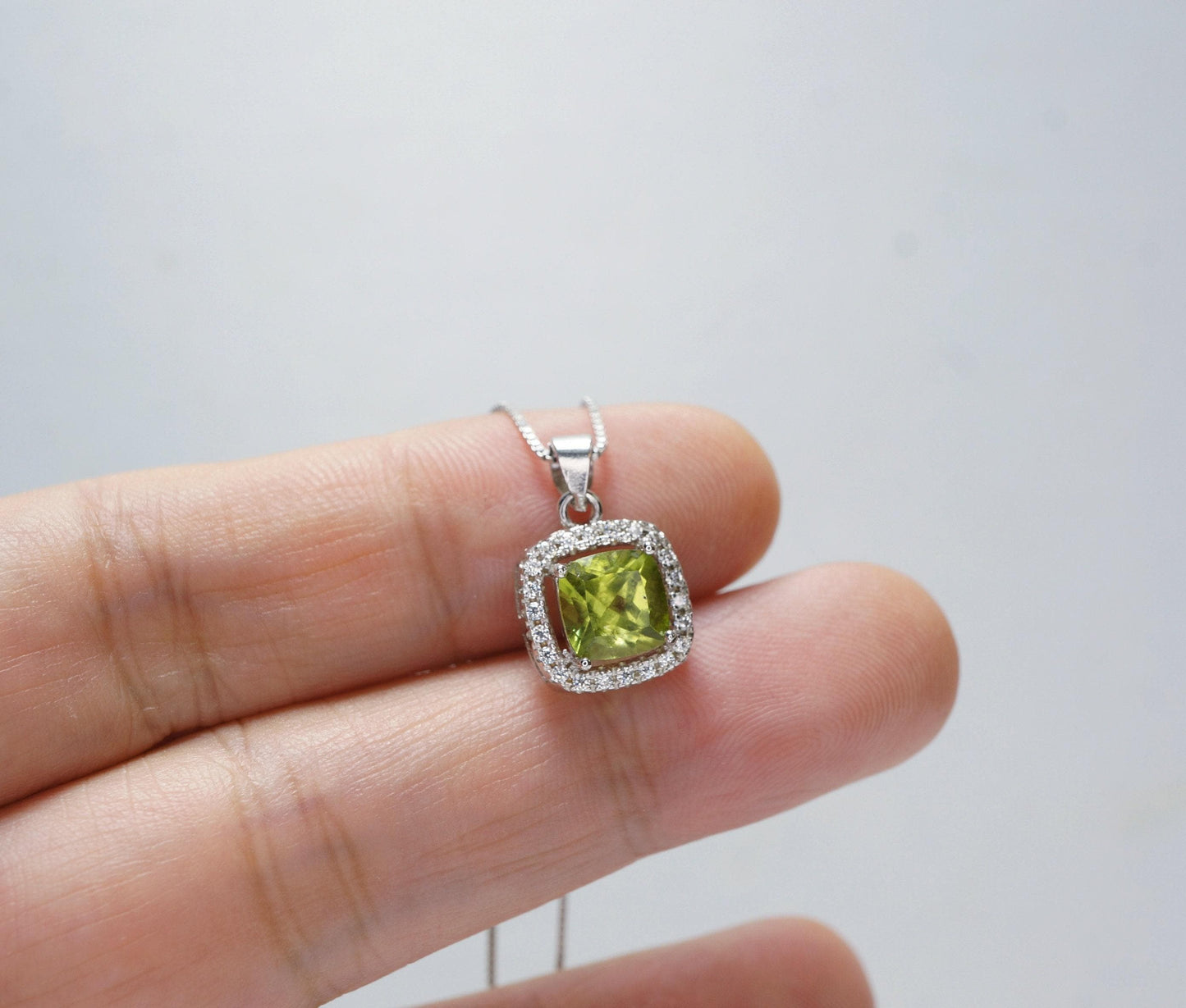 Genuine Green Peridot Necklace - Sterling Silver - Natural Peridot - Square Green Gemstone - Birthstone - Tiny Peridot Pendant #1014