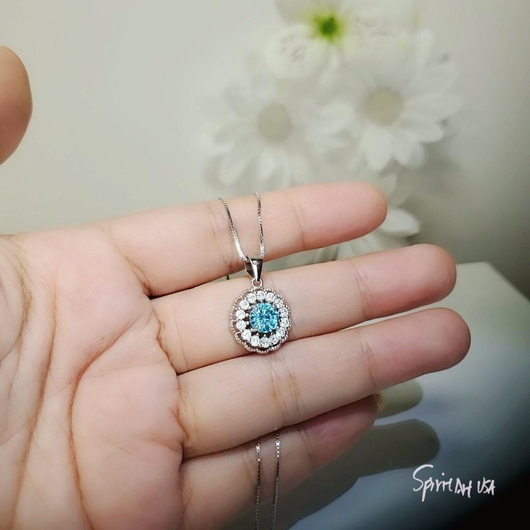 Tiny Aquamarine Necklace - Sterling Silver Sunflower Aquamarine Pendant - Halo Blue Gemstone March Birthstone Aquamarine Jewelry 1104