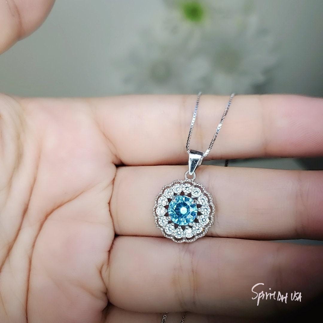 Tiny Aquamarine Necklace - Sterling Silver Sunflower Aquamarine Pendant - Halo Blue Gemstone March Birthstone Aquamarine Jewelry 1104