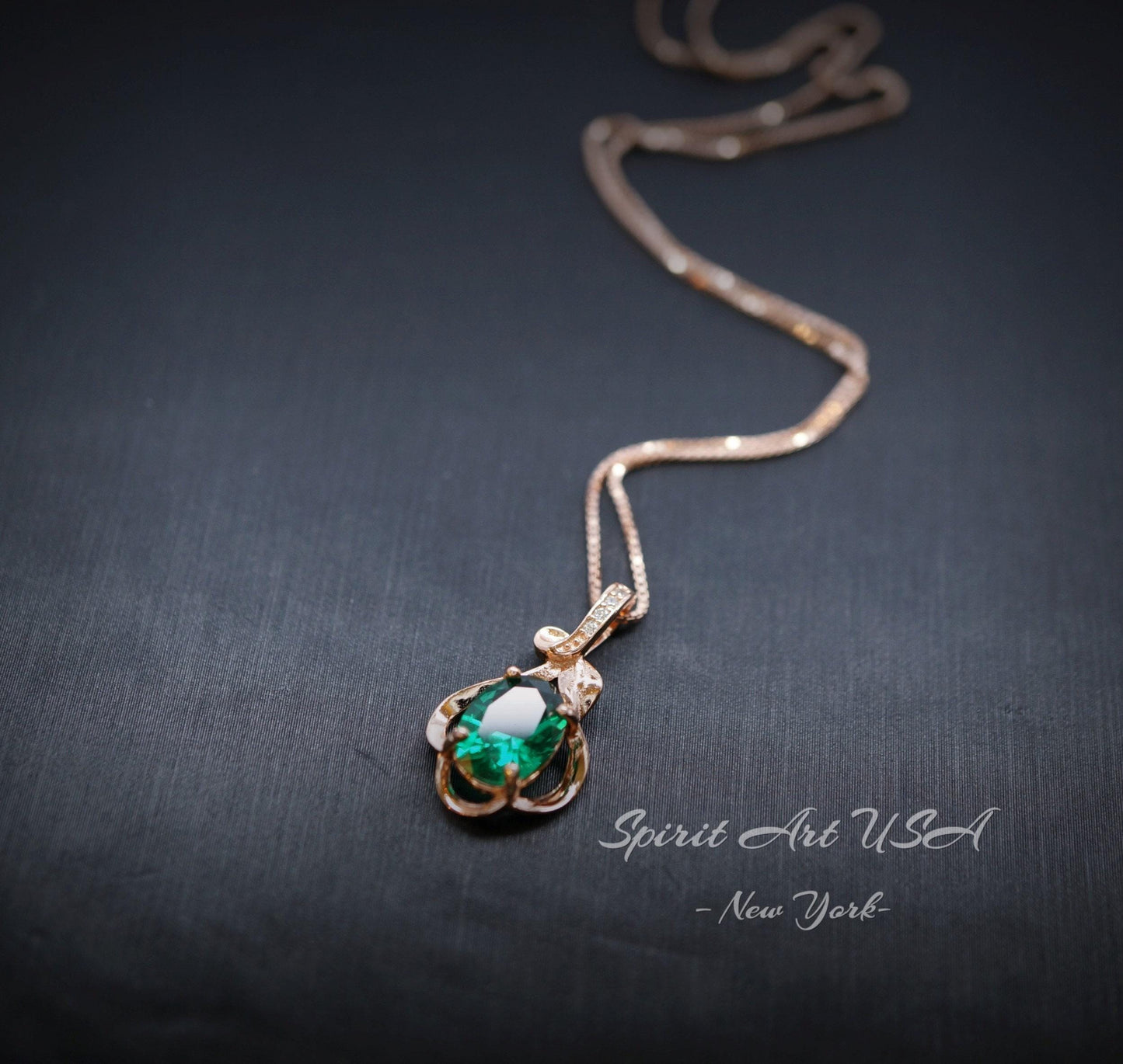Tiny Rose Gold Coated 925 Sterling Silver Flower Of Life Pendant , Emerald Necklace , May Birthstone Jewelry 078