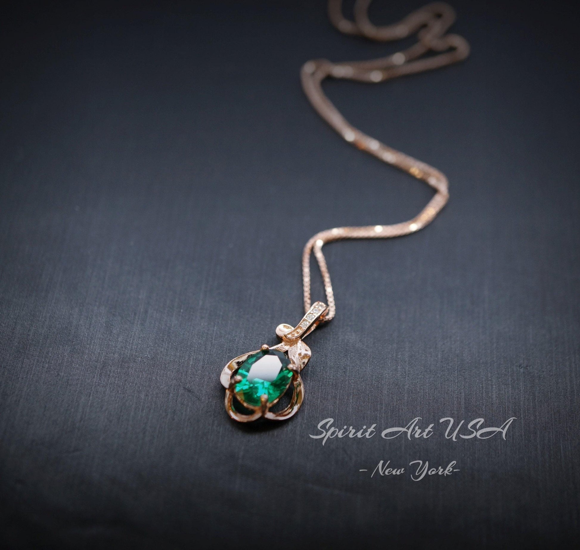 Tiny Rose Gold Coated 925 Sterling Silver Flower Of Life Pendant , Emerald Necklace , May Birthstone Jewelry 078