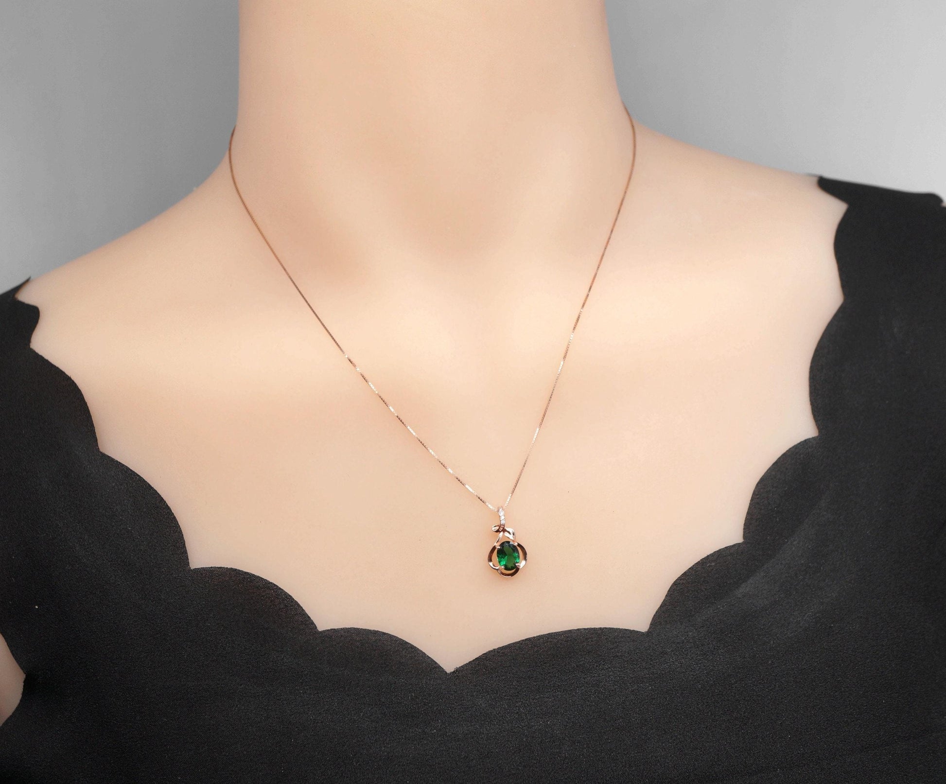 Tiny Rose Gold Coated 925 Sterling Silver Flower Of Life Pendant , Emerald Necklace , May Birthstone Jewelry 078
