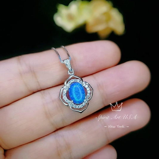 blue opal Necklace - Gemstone Flower of life - White Gold coated Sterling Silver Blue Opal Pendant #114