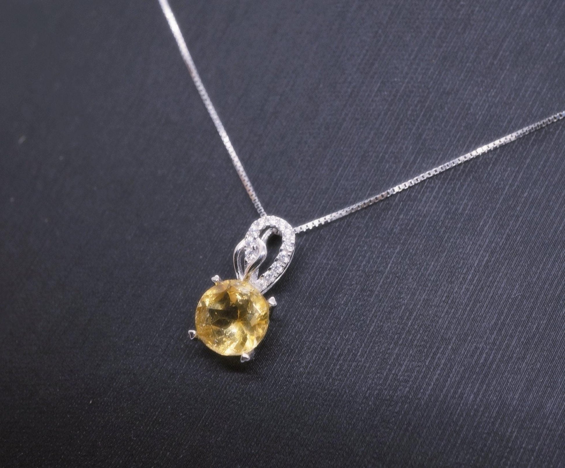 Genuine Citrine Necklace Sterling Silver Single Simple Round Natural Citrine Pendant 1106