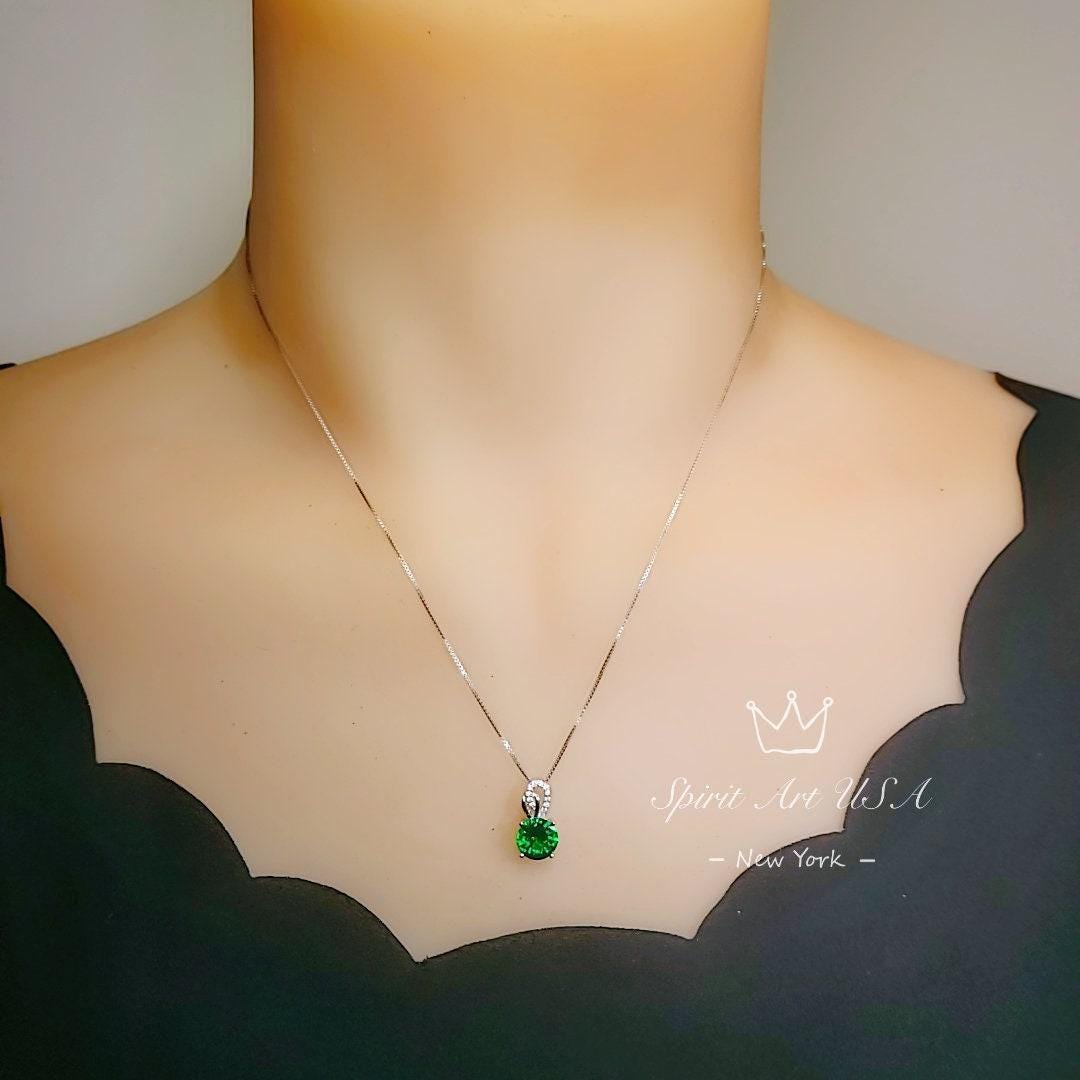 Gorgeous Emerald Necklace - Sterling Silver Solitaire 8mm 2 Ct Round Simple Emerald Jewelry