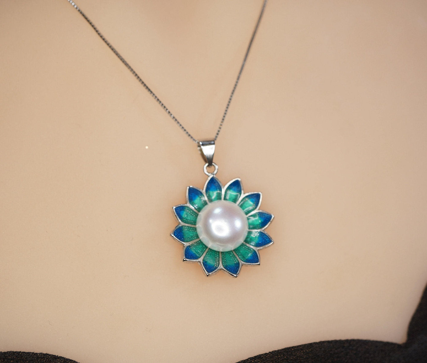 Genuine Freshwater Pearl Necklace - Sterling Silver Blue Lotus Flower Necklace 1105