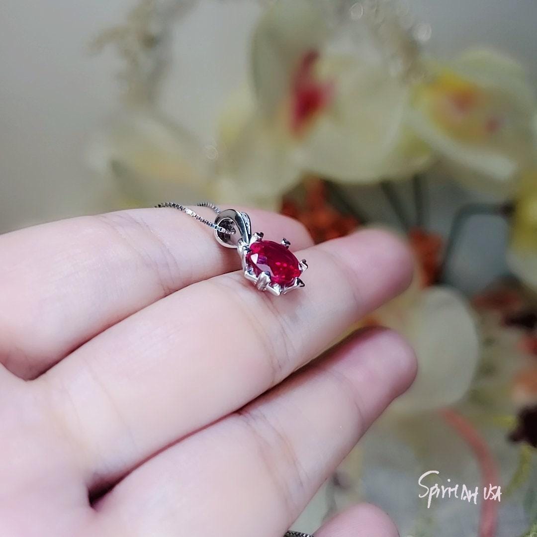 8mm Ruby Necklace - 18kgp @ Sterling Silver - 2.2 CT Red Ruby Pendant - Tiny Dainty July Birthstone 096