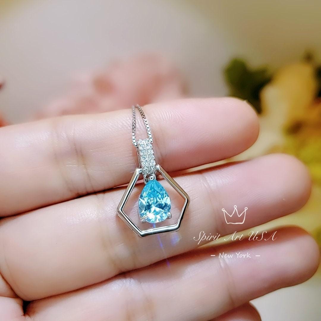 Geometric Aquamarine Necklace - Sterling Silver Triangle Diamond Teardrop 1.2 CT Blue Aquamarine Pendant - Tiny Dynamic Hexagon 18kgp
