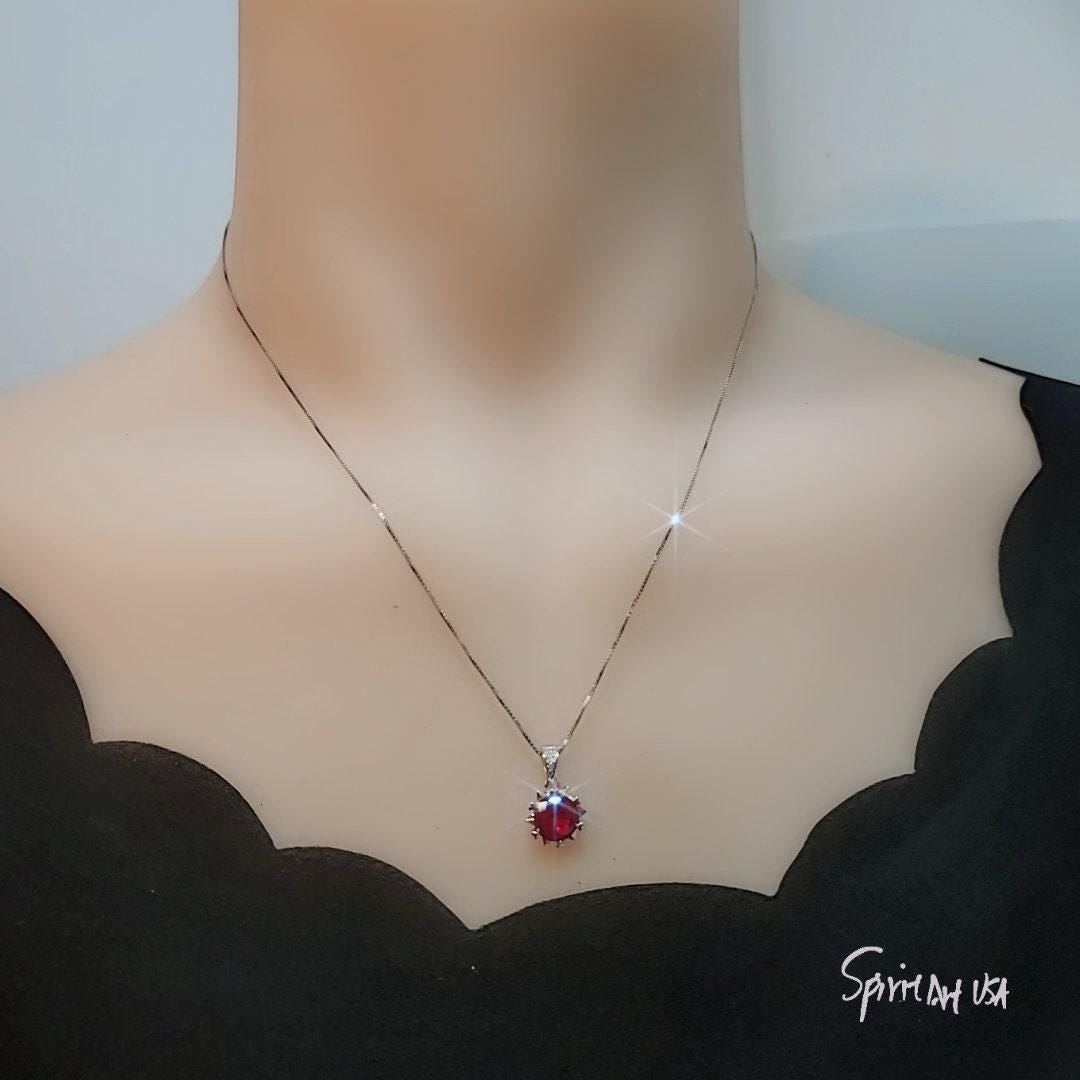 8mm Ruby Necklace - 18kgp @ Sterling Silver - 2.2 CT Red Ruby Pendant - Tiny Dainty July Birthstone 096