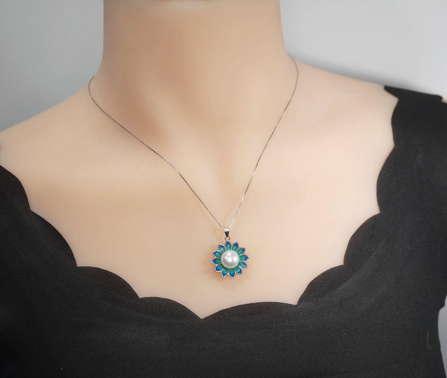 Genuine Freshwater Pearl Necklace - Sterling Silver Blue Lotus Flower Necklace 1105