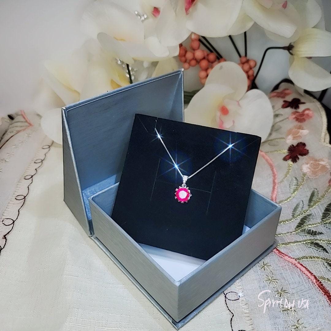 8mm Ruby Necklace - 18kgp @ Sterling Silver - 2.2 CT Red Ruby Pendant - Tiny Dainty July Birthstone 096
