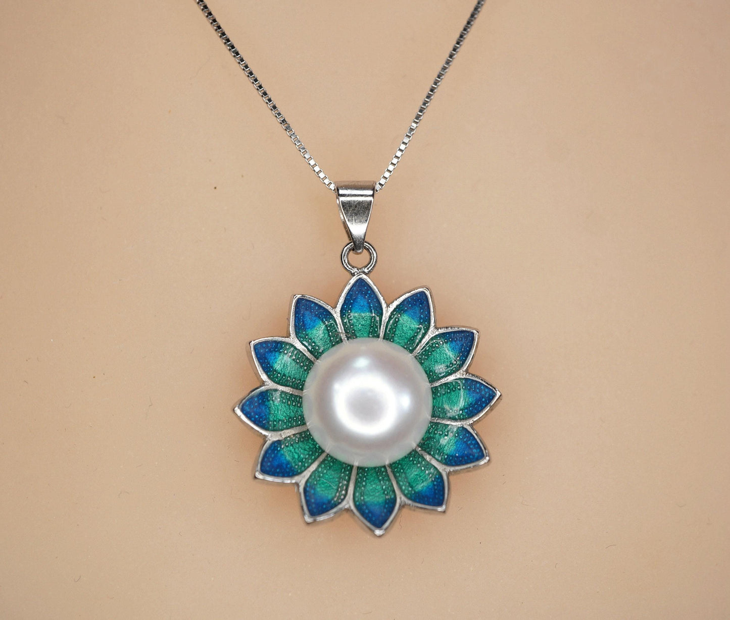 Genuine Freshwater Pearl Necklace - Sterling Silver Blue Lotus Flower Necklace 1105